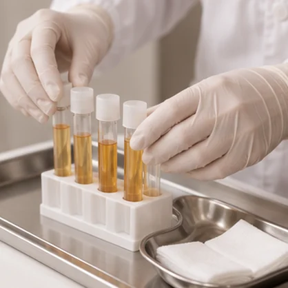 Gloved hands preparing labeled tubes on a clean clinical tray